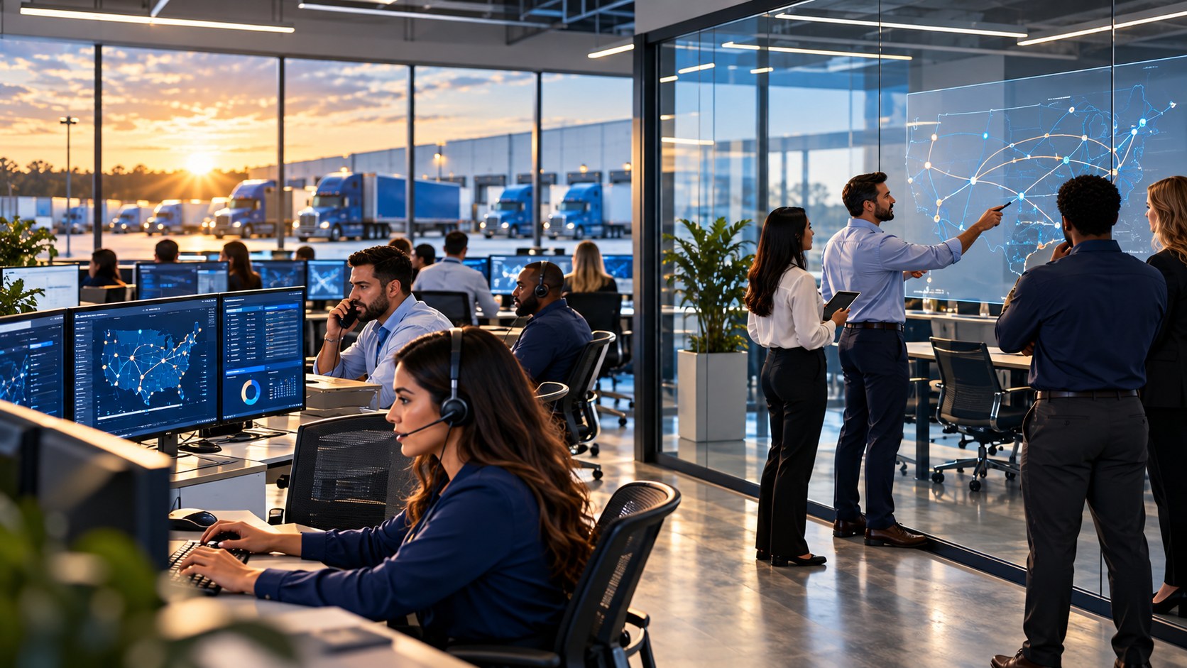 Freight brokerage and logistics operations team coordinating shipments