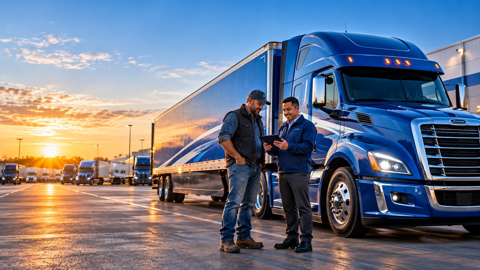 Truck driver and logistics representative coordinating beside a blue semi truck
