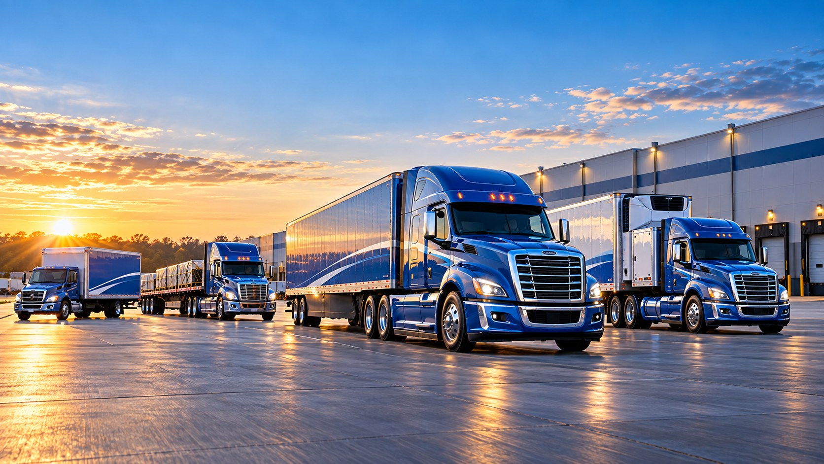 Mixed commercial truck fleet staged at a distribution facility