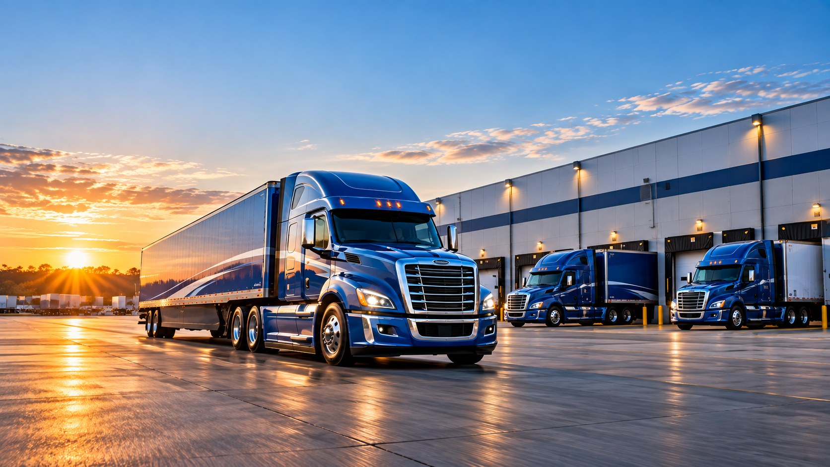 Blue trucking fleet at a distribution center at sunrise