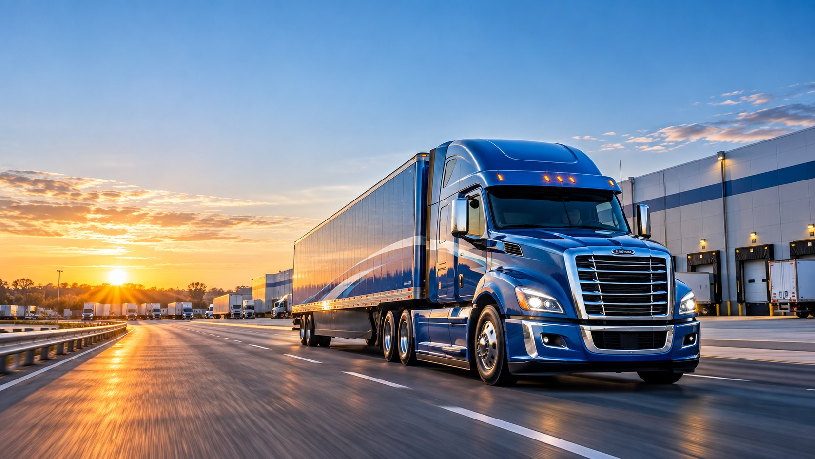 Blue semi truck moving freight near a distribution center at sunrise