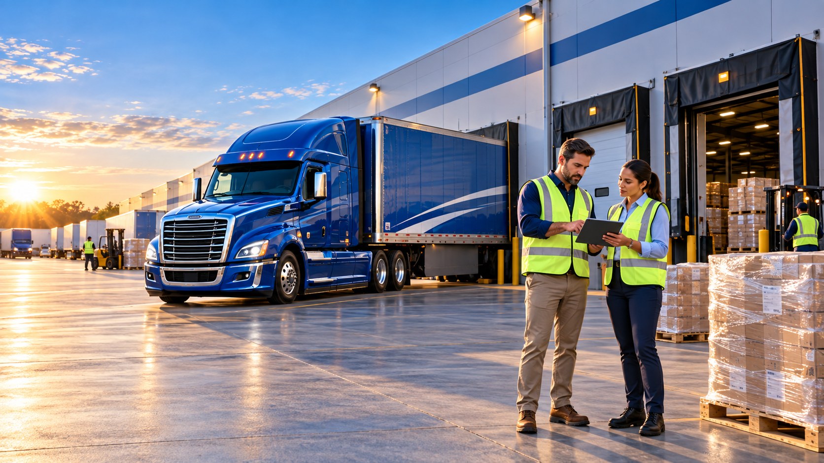 Logistics professionals coordinating freight at a warehouse loading dock